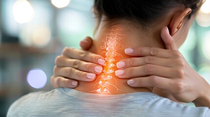 Woman with neck pain - highlighted part of the spine. - obrazy, fototapety, plakaty