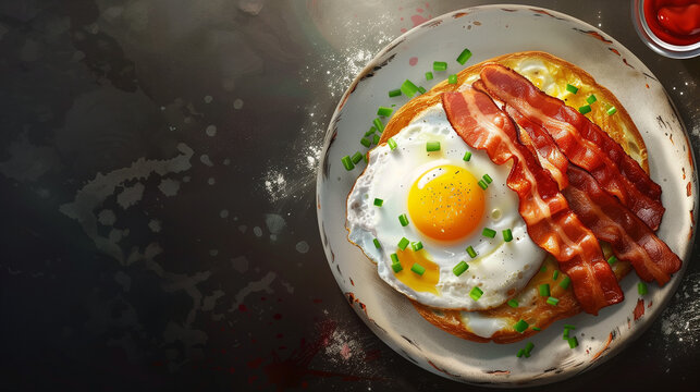 a plate of sunny sides egg with bacon as a healthy breakfast at a hotel or restaurant brunch