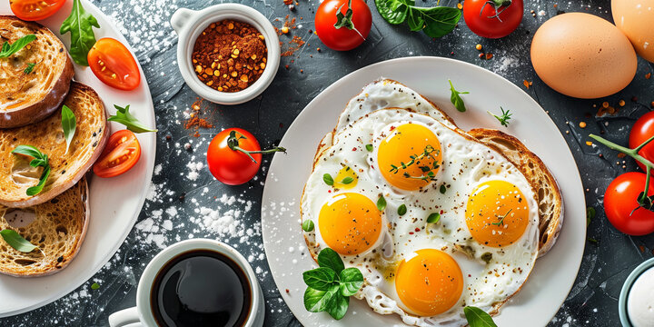 a plate of sunny sides egg with vegetables as a healthy breakfast at a hotel or restaurant brunch