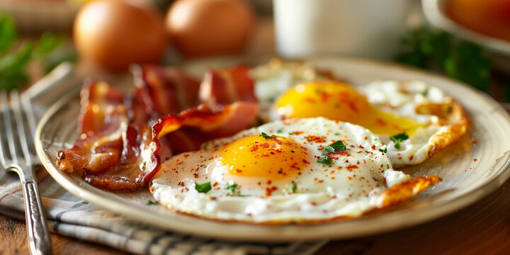 a plate of sunny sides egg with bacon as a healthy breakfast at a hotel or restaurant brunch