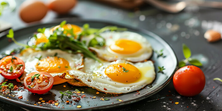 a plate of sunny sides egg with vegetables as a healthy breakfast at a hotel or restaurant brunch