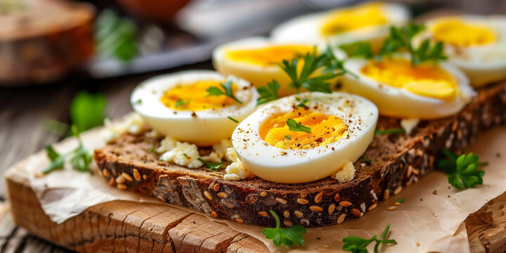 Brown rya bread with seeds and hard boiled eggs on the top as a healthy protein and fibre rich breakfast brunch