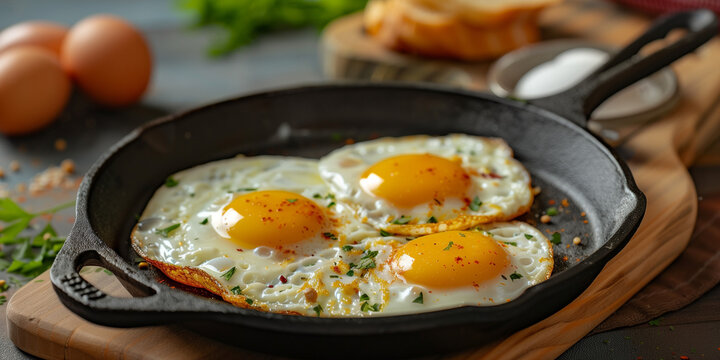 a pan of sunny sides egg with vegetables as a healthy breakfast at a hotel or restaurant brunch