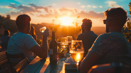 A group of man friends tasting wine in the sunset at the wineyard - obrazy, fototapety, plakaty