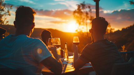 A group of man friends tasting wine in the sunset at the wineyard - obrazy, fototapety, plakaty