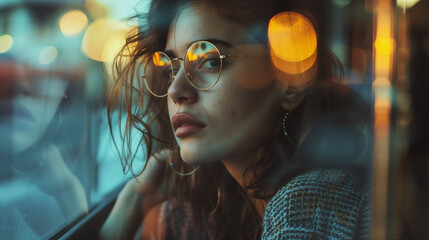 cinematic photo of a bored worriing or sad woman on the bus with reflaction bokeh lights  - obrazy, fototapety, plakaty
