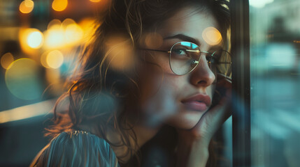 cinematic photo of a bored or sad woman on the bus with reflaction bokeh lights 
