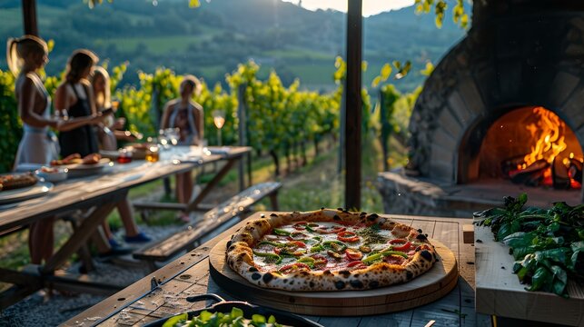 Outdoor dining experience with wood-fired pizza in a vineyard. friends gather on a sunny day. casual eating, rustic style, foodie adventure. AI