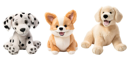 Colorful Corgi and Dalmatian Dogs as Stuffed Animal Toys: A Cartoon 3D Illustration Set, Isolated on Transparent Background, PNG