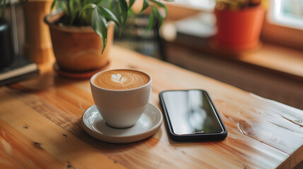A cup of cappuccino on a coffee house bistro table in the sunshine with phone