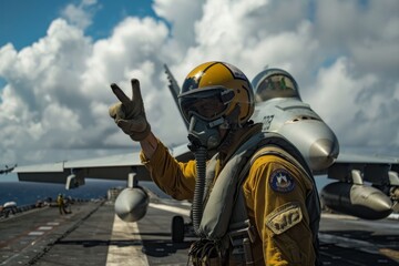 Deck crew member signaling 'clear' to F-16 pilot on aircraft carrier