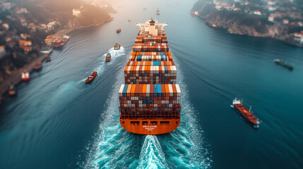 Aerial top view of cargo maritime ship with contrail in the ocean ship carrying container and running for export concept technology freight shipping by ship forwarder mast - obrazy, fototapety, plakaty