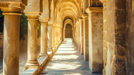 Sunlit historic corridor with arched ceilings