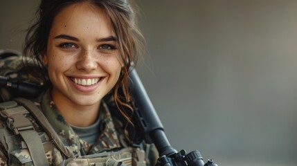 Confident female soldier smiling with rifle on a clear background in uniform - obrazy, fototapety, plakaty