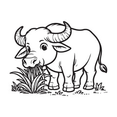 Line art of buffalo eating grass cartoon vector