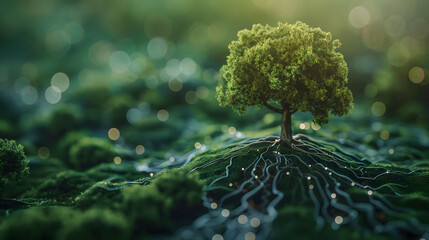 Small Tree for environmental Concept of green energy revolutionizes Eco-friendly Technology Integration the background is green and blurred. - obrazy, fototapety, plakaty
