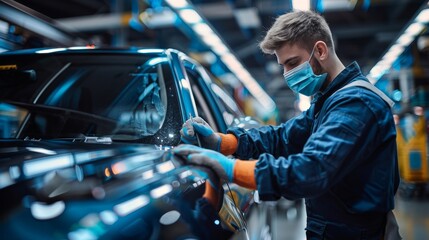 Professional auto worker applying decals to car with precision and care