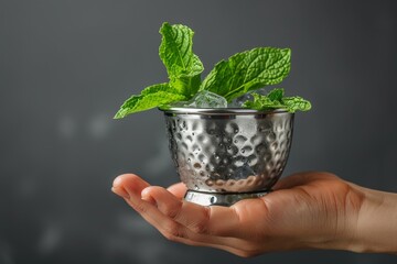 Hand holding a classic Mint Julep in a silver cup with fresh mint garnish - obrazy, fototapety, plakaty