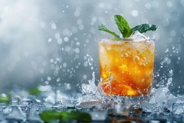 Refreshing mint julep cocktail with ice splashes on a grey background - obrazy, fototapety, plakaty