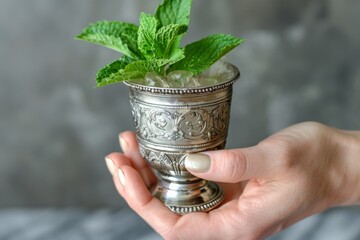 Close-up of a hand holding a mint julep in a traditional silver cup with fresh mint - obrazy, fototapety, plakaty
