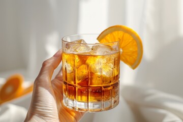 Hand holding a classic Old Fashioned cocktail with orange garnish on a stark white background
