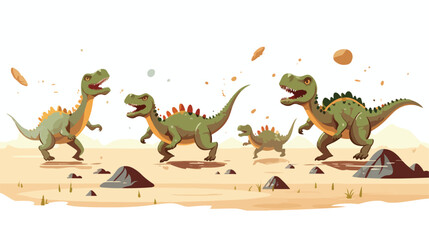 A set of toy dinosaurs roaring and stomping through