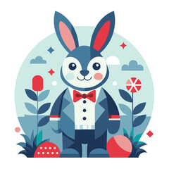 Cute print with Cartoonish Bunny, flowers, rabbit in the suit. Graphic design for card, poster, wallpaper, t-shirts.  Adorable hare for kids, nursery, baby. Flat Vivid illustration. Geometry Clip-art
