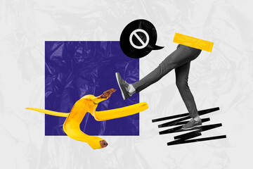 Composite photo collage of human leg kick banana peel waste pollution rubbish save care environment isolated on painted background