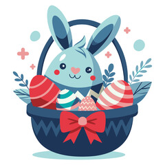 Cute Easter modern sticker with Cartoonish Easter basket,  eggs, Graphic design for web, poster, wallpaper, t-shirts, print.  Adorable hare for kids, nursery. Flat Vivid illustration. Clip-art