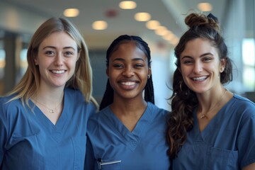 Three diverse medical students smiling in scrubs demonstrating teamwork