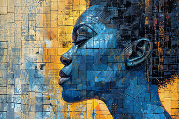 African American woman depicted in a cubist style mural, crafted from denim patchwork with dynamic blue and gold tones.