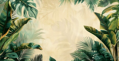 Green Leaves on Beige Background