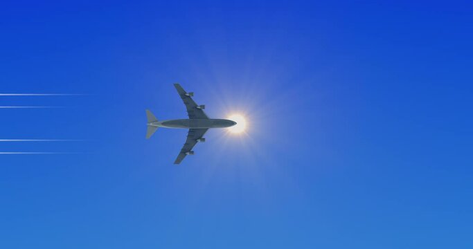 Airplane flies in a clear blue sky against bright midday sun. Bottom of modern aircraft with contrails in flight