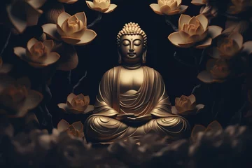 Rolgordijnen Buddha statue with lotus flowers on black background. Vesak Day, Buddhism, Buddha Jayanti, Buddha's Birthday, Buddha Purnima. Siddhartha Gautama. Meditation, zen. Asian culture and travel concept © ratatosk