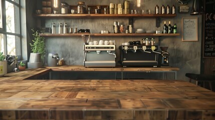 "Cozy Cafe Interior with Wooden Counter and Coffee Machine: Adobe Stock Best"