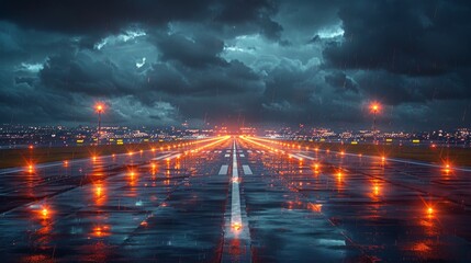 Illuminated Airport Runway at Night