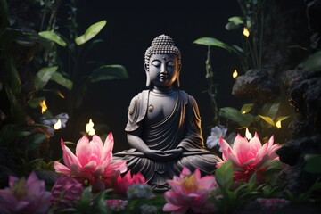Buddha statue with lotus flowers on black background. Vesak Day, Buddhism, Buddha Jayanti, Buddha's Birthday, Buddha Purnima. Siddhartha Gautama. Meditation, zen. Asian culture and travel concept