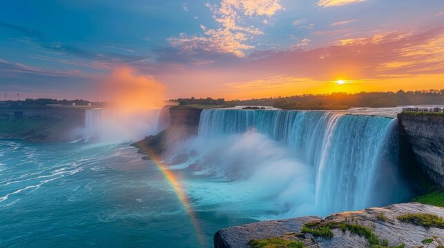 Majestic Sunrise Over Niagara Falls with Radiant Colors and Misty Waterscape