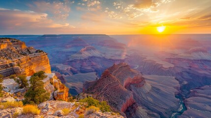 Majestic Sunset Over the Grand Canyon with Colorful Sky and Rugged Landscape