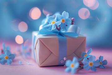 Gift Box, Cute tiny giftbox with pink, blue flowers on pastel color background.
