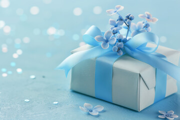 Gift Box, Cute tiny giftbox with pink, blue flowers on pastel color background.