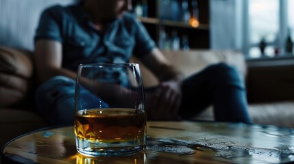 Stop no alcohol addiction concept. Person try to solve problem with alco. Glass of whiskey on table. Depressed alcoholic man indoor. Alcoholism problem. Bad unhealthy habit. Upset unhappy lonely guy.