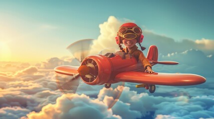 "Portrait of a Happy Kid Flying a Toy Airplane in the Sky"