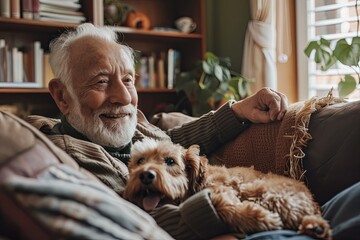 Portrait of a happy senior men sitting in his room at home with his favorite dog on a sunny day, the love and friendship between an elderly person and an animal.