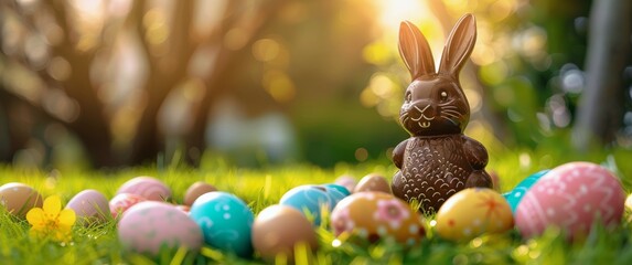 Chocolate Bunny With Eggs in Grass - 756441907
