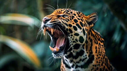 A detailed view of a leopard showing its open mouth, displaying sharp teeth and powerful jaw strength.