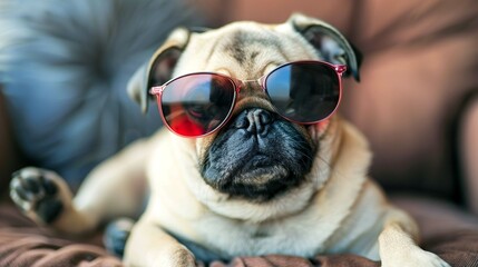 A pug dog with sunglasses lounges on a couch in a relaxed pose. - Powered by Adobe