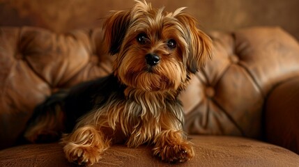 A small brown dog is seated on a brown couch.