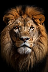 A close-up view of a lions fierce expression with striking details, set against a dark black backdrop.