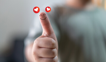 Human show thumb up emotion smile, give feedback icon satisfaction survey, five star, customer,...